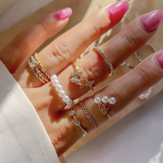 "9-Piece Korean Style Butterfly & Pearl Ring Set for Women – Vintage Gothic Rhinestone Fashion Jewelry, Elegant Gift by Qoddess"