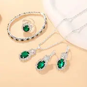 Elegant Vintage-Inspired 5-Piece Women's Jewelry Set – Green Oval Pendant Necklace, Ring, Earrings & Bracelet – Perfect for Casual Wear or Gift Giving